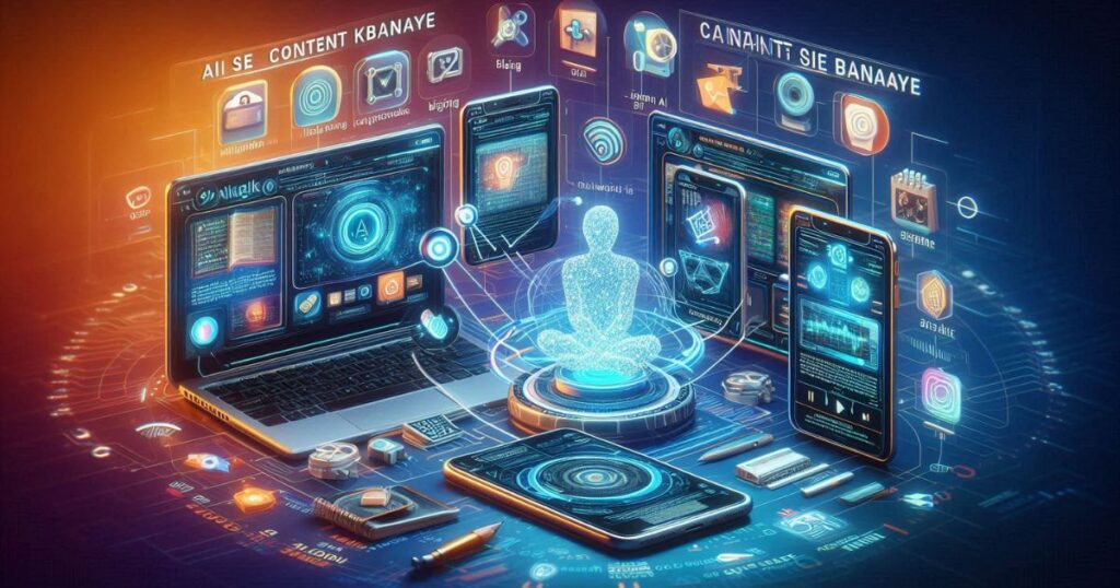 AI tools on laptop and mobile for blogging, video scripts, social media posts. Text: 'AI se Content Kaise Banaye